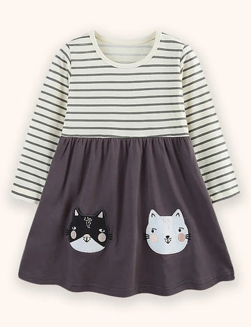 Kitten Applique Striped Dress